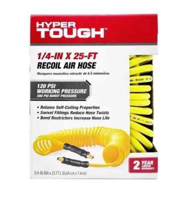 Hyper Tough Recoil Air Hose 1/4in x 25ft Light & Flexible 300 PSI Polyurethane