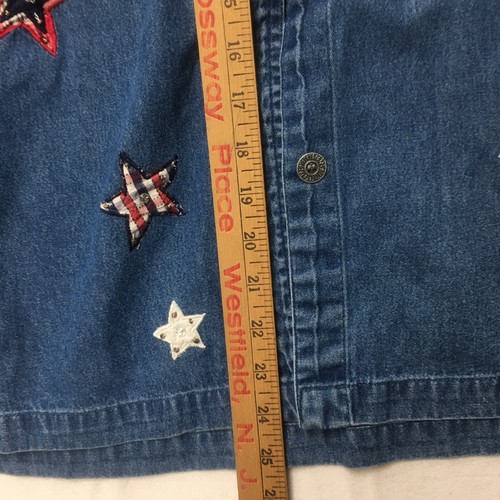 Y2K NEW DIRECTION Jeanshemd Damen M blau rot Sterne Streifen patriotische Steppung - Bild 15 von 17