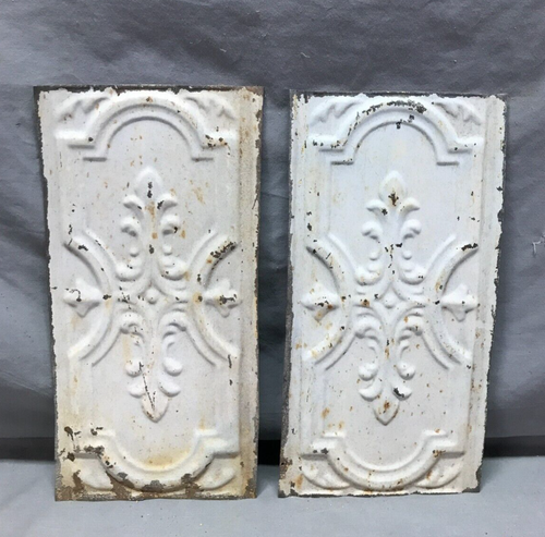 Antique Pair 6" x 12" Tin Ceiling Fleur De Lis Shabby Blue Panels VTG 324-15B