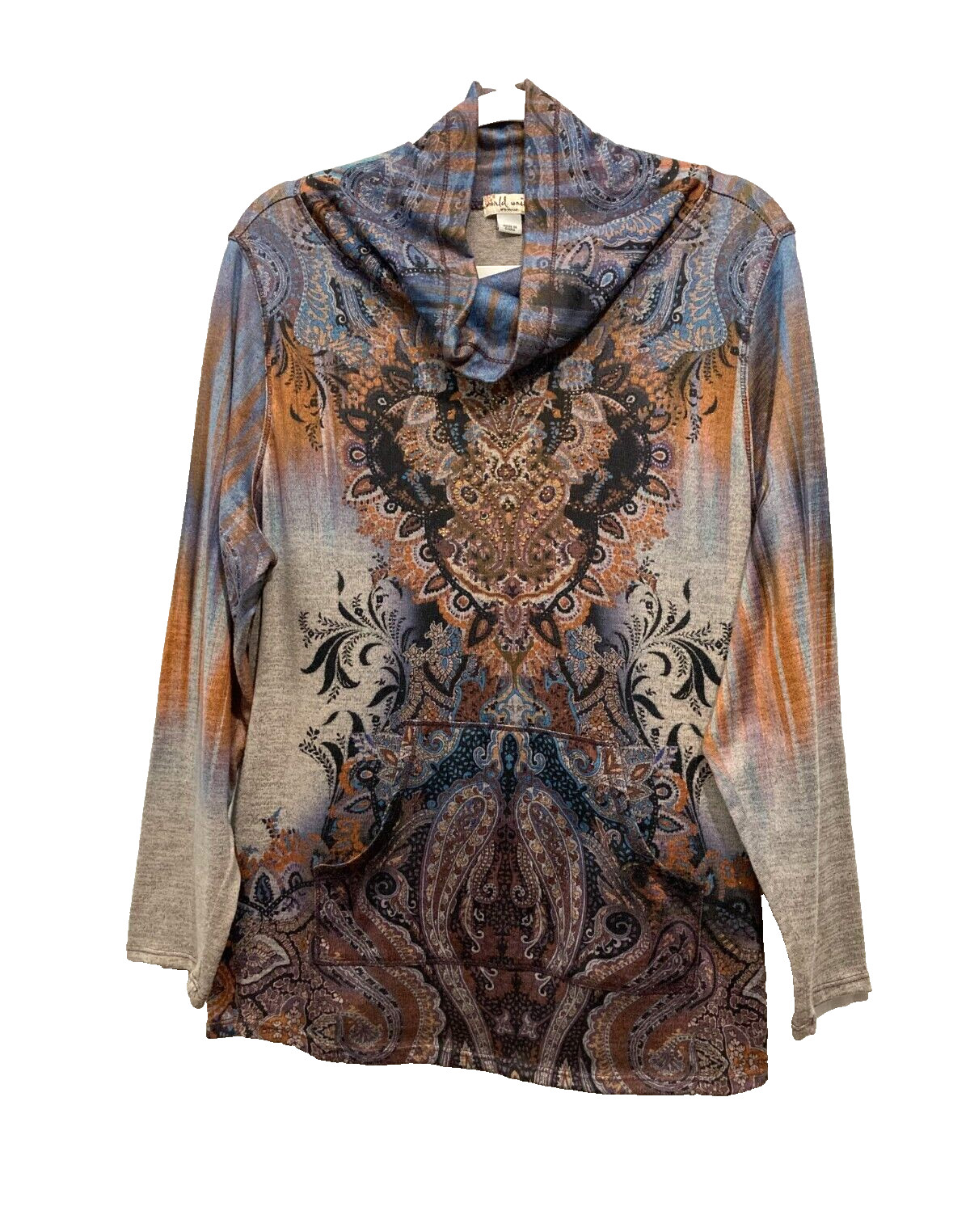 WORLD UNITY Pullover Top Abstract High Neck Embel… - image 1