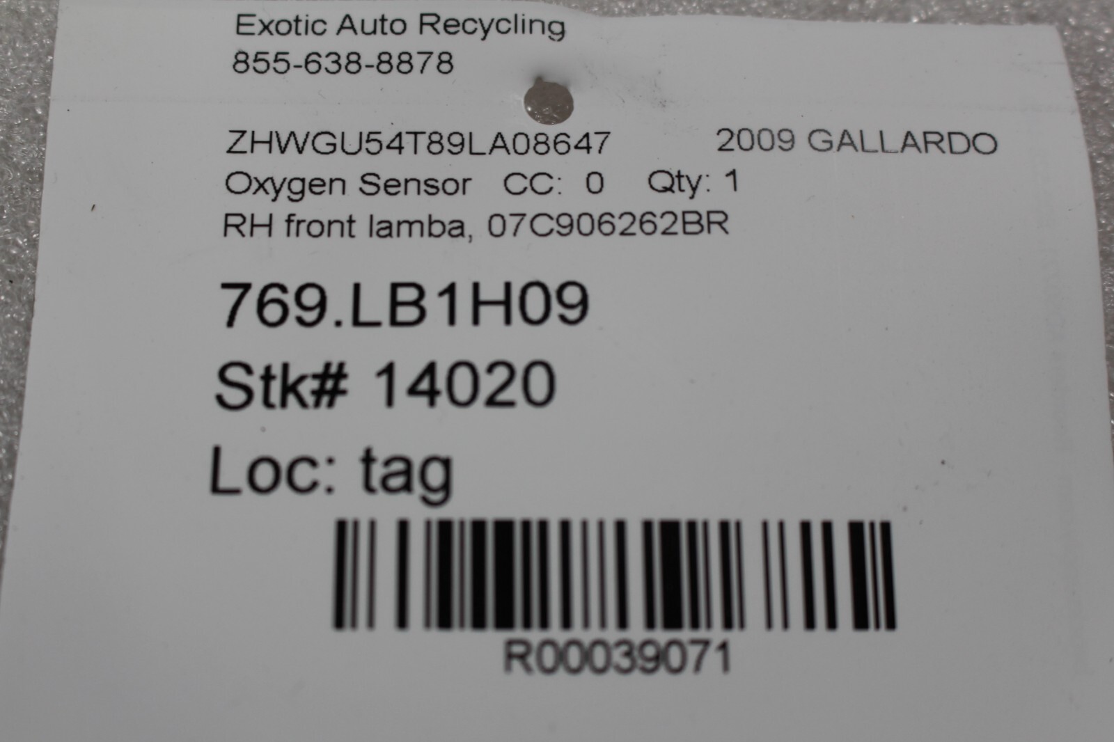 Lamborghini Gallardo LP560, 570, Front Oxygen Sensor, Used, P/N 07C906262BR