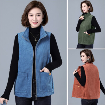 Damen Corduroy Weste Mit Revers Ärmellose Jacke Mit Reißverschluss