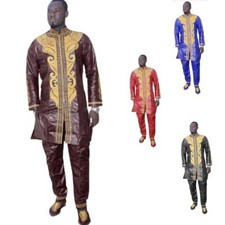 African Embroidered Bazin Riche Dashiki Top and Pants Set for Men