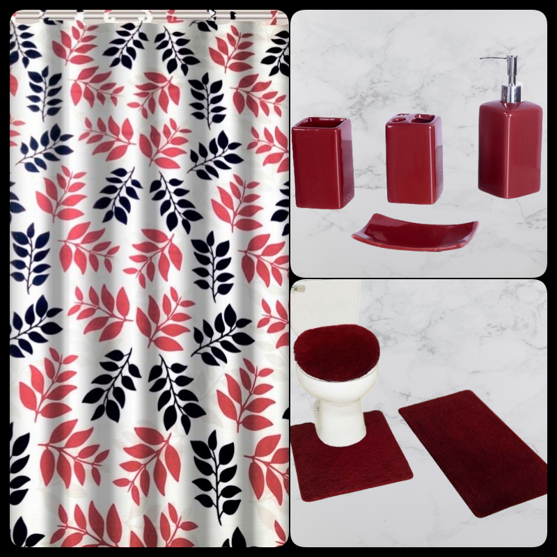 NEW 20PC MATCHING BATHROOM SHOWER CURTAIN MAT SET WITH CERAMIC ACCESORIES eBay