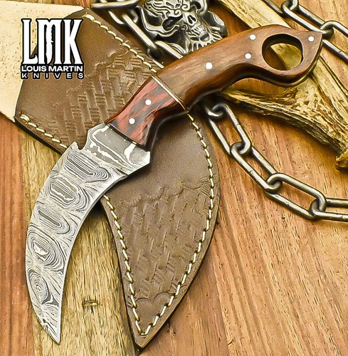 LMK Forged Karambit Knife Twist Damascus Walnut Wood Wooden Bolster Survival