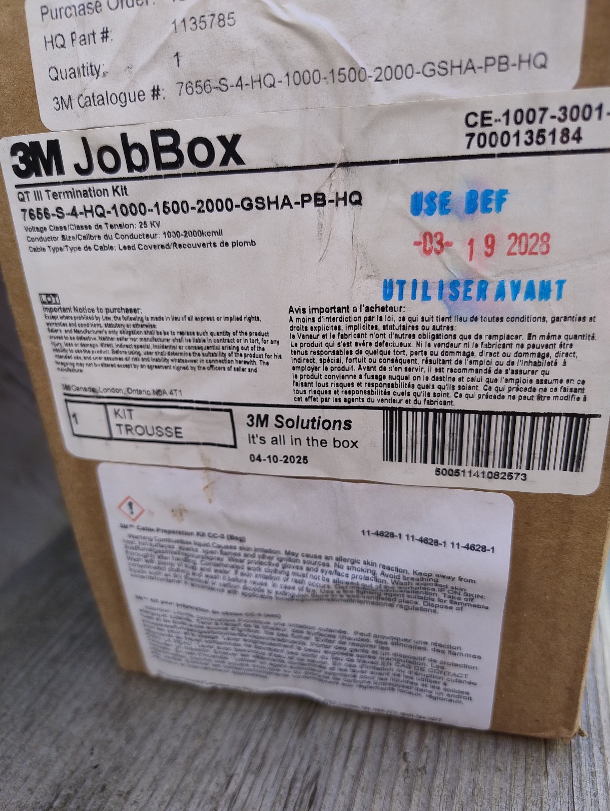 3M 7656-S-4 QT-III Cold Shrink Termination Kit 25/28kV 1000-2000 KCMIL JCN Cable