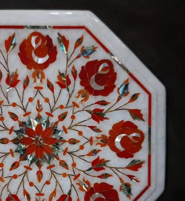 Traditional Marble Inlay Coffee Table – Handmade Floral Art with Semi-Precious - Image 2 of 4