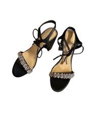 Jewel Badgley Mischka Uzuri 9.5 Black Satin Rhinestone Block Heel Sandals Tie
