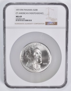 1971 FM Panama 20 Balboas CT.American Independence Silver MS69 NGC 4122