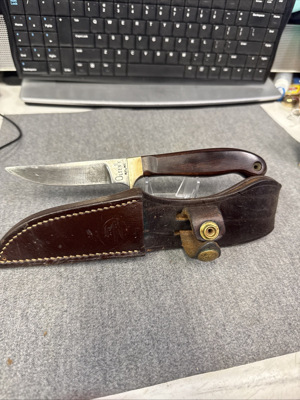 Vintage Olsen O.K. Knife Howard City Mich W/ Leather Sheath - Knife