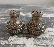 Antique STERLING SILVER FLORAL REPOUSSE Salt & Pepper Shaker Set 