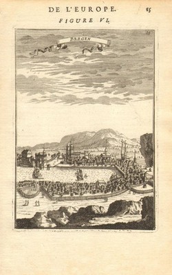 BERGEN. Dekorative Ansicht der Stadt & Hafen von Bergen, Norwegen. Schiffe. MALLET 1683
