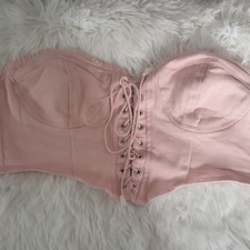 LA Hearts Lace Up Denim Corset Top, Light Pink, Size XS