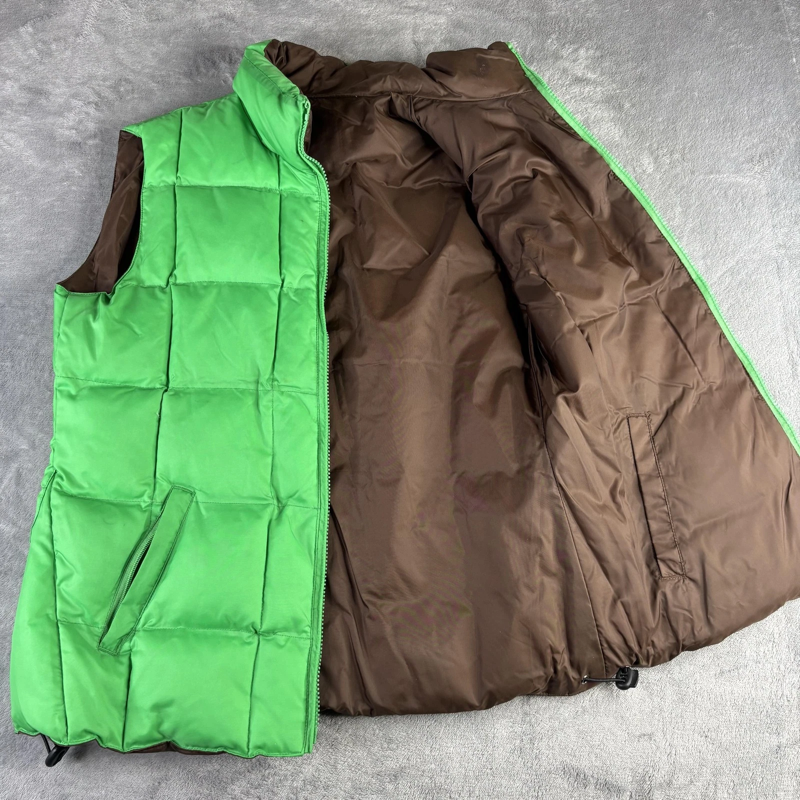 Silver Rider Vest Mens Medium Green Brown Down Puffer Quilted Reversible Warm