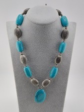 Faux Turquoise Silver-Toned Beaded Choker Necklace Statement Jewelry