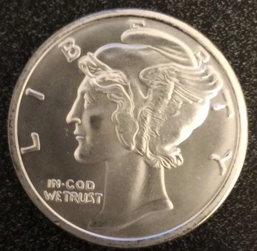 US 1 oz .999 FINE SILVER ROUND - Mercury Dime Design