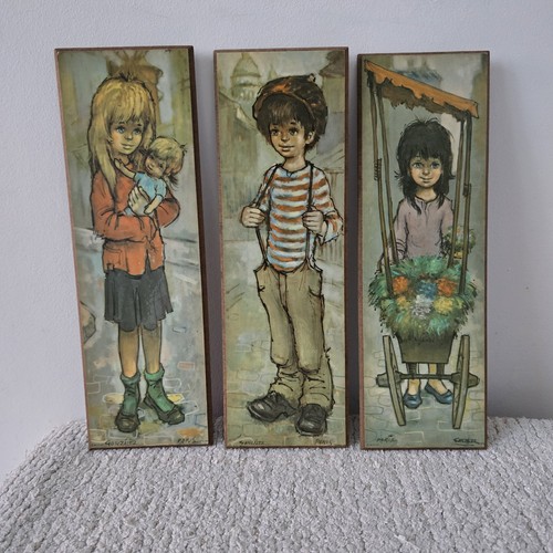 González Litho Prints x3 Art On Wooden Base Streets Boy & 2 Girls Big-Eyed Kids - Picture 1 of 24