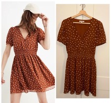Madewell $128 Woman’s S Smocked Waist Brown Polka Dot Short Sleeve Mini Dress