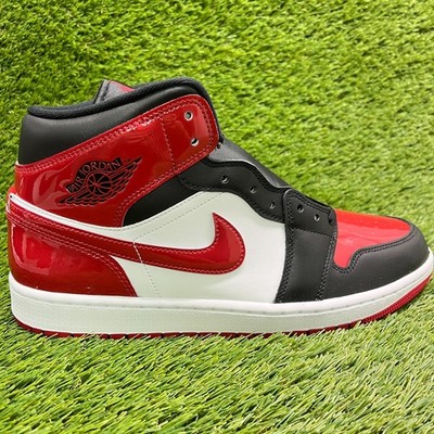 Nike Air Jordan 1 Mid Patent Bred Toe Mens Size 11 Red Basketball Shoes Sneakers