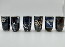 Studio Pottery Stoneware Yunomi Tea Cups Set of 6 Blue Glaze Hand Painted Decor