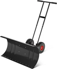 Snow Pusher with Wheels, 29.5" H-Shape Snow Shovel, Adjustable Angle & Height