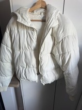 Monki White Hooded Quilted Puffer Jacket, Full Zip, Short, Women’s Size M