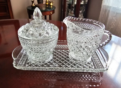 4 pc-Vintage Anchor Hocking Glass Wexford Crystal Creamer & Sugar Bowl with Tray