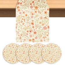5 Piece Floral Table Runner and Placemats Set Spring Wildflower Boho 13x72 In...