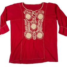 Top Túnica Rojo Bordado Bohemio Mexicano Tostado Floral Ligero Verano