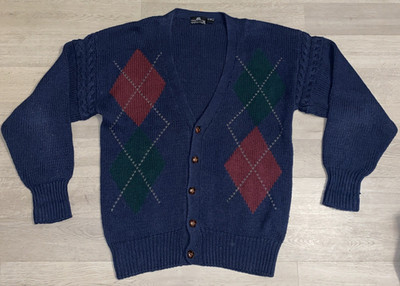 VINTAGE 90s Structure Argyle Cardigan Sweater Medium Blue Knit Grandpacore Retro