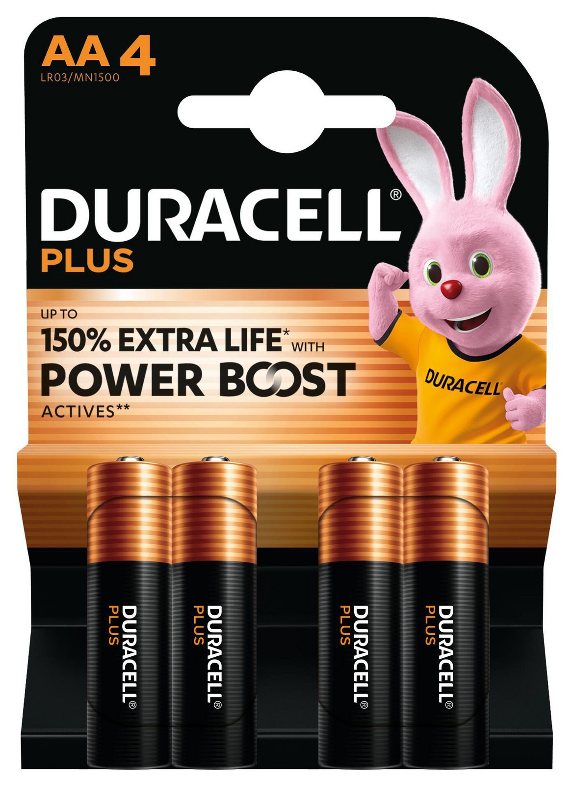 Батарейка DURACELL Plus AA, щелочная, 1,5 Вольт, 4 штуки
