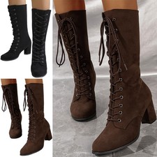 Women Chunky Heels High Heel Boots Lace Up Dress Boot Faux Suede Party Mid Calf
