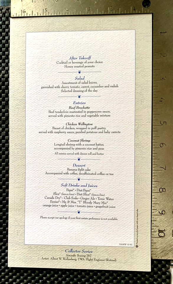 EMBAJADOR TRANS WORLD AIRLINES PRIMERA CLASE CENA MENÚ COLECCIONISTA SERIE 11-93 Foto 2 de 3