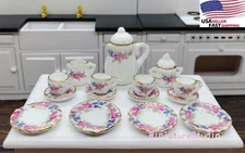 15pcs Dollhouse 1:12 Dish Cup Miniature China Coffee Tea Set Pink Flower Toy