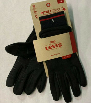 MEN L LEVI'S INTELITOUCH BLACK POLY FLEX SHELL RIBBED CUFF GLOVES HEAT RETENTION