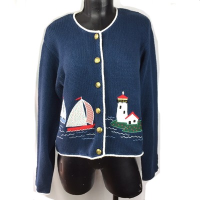 Vtg Orvis Cardigan Sweater Nautical Boats Lighthouse Patchwork Womens Medium | eBay