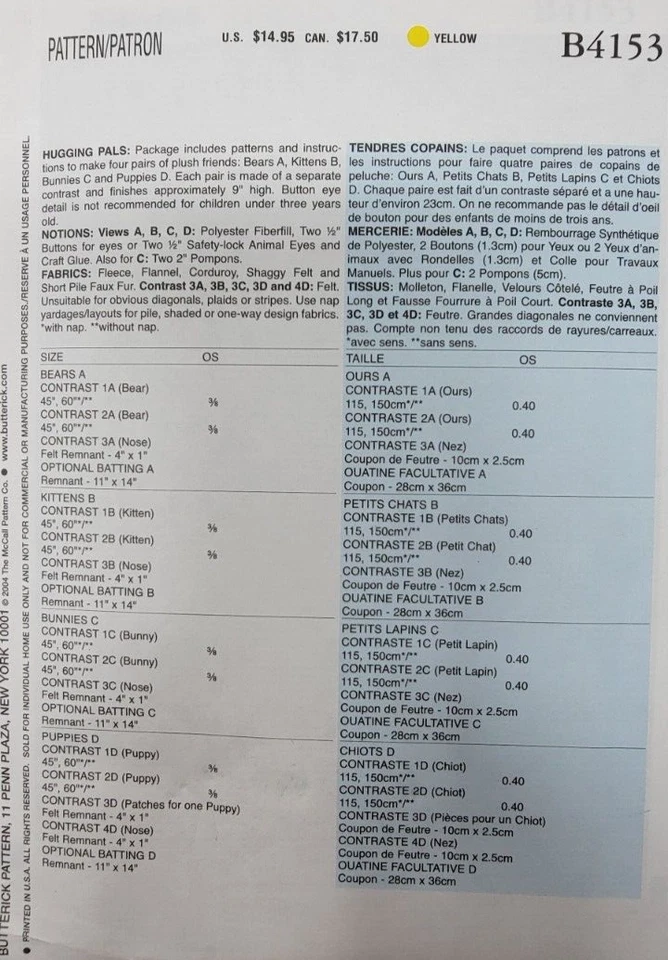 Butterick B4153 9" Hugging stuffed bear bunny kitten puppies Sewing Pattern - Image 2 of 3
