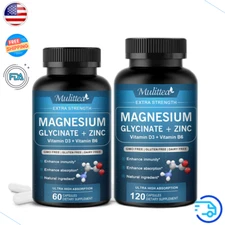 60/120 Pills Magnesium Glycinate + Zinc for Brain & Heart Health, Stress Relief