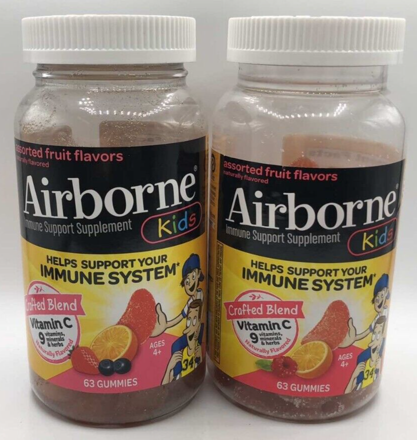 2PK Airborne Kids Immune Support ~ 63 Gummies Each ~ Fruit FLVR ~EXP 2/25 & 6/25