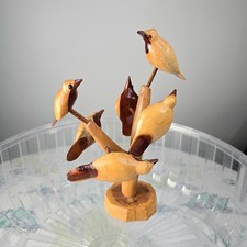 Vintage Hand Carved Wood Birds in Tree Sculpture Folk Art MCM