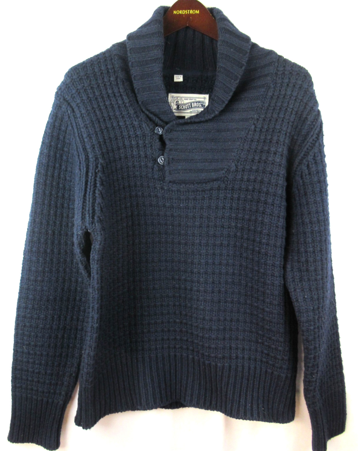 SCHOTT BROS Mens S Wool Blend Chunky Knit Sweater Shawl Collar Navy Blue
