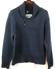 SCHOTT BROS Mens S Wool Blend Chunky Knit Sweater Shawl Collar Navy Blue
