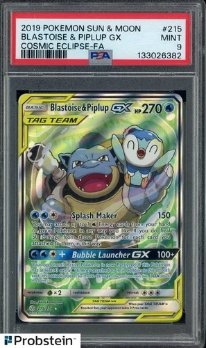 2019 Pokemon Sun & Moon Cosmic Eclipse #215 FA Blastoise & Piplup GX PSA 9