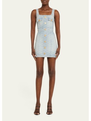 BALMAIN Womens Light Blue Accent Buttons Sleeveless Mini Sheath Dress 42