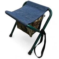 VTG Foldable Stool Denim Seat Woodland Camo Pouch Hunting Camping Fishing 70s