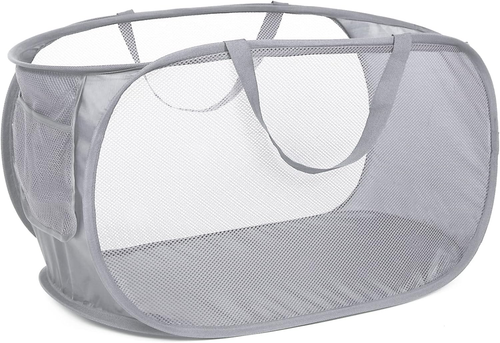 Collapsible Mesh Laundry Basket, Foldable Clothes Hamper, Grey, with Side Pocket