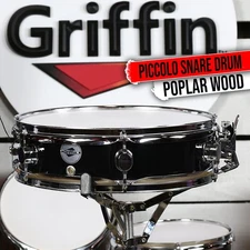 GRIFFIN Piccolo Snare Drum - 13x3.5 Black Acoustic Percussion Poplar Wood Shell