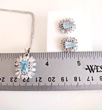 VTG Deco Style Blue Topaz Halo Genuine Gem Tested Necklace Earrings Silver Tone