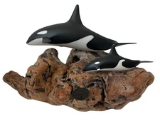 John Perry Studio Orca Killer Whale & Baby Burl Wood Art Sculpture Ocean 9 x 6"