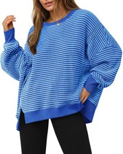 Women Fall Oversized Sweatshirt Casual Waffle Knit Long Sleeve Crewneck Split